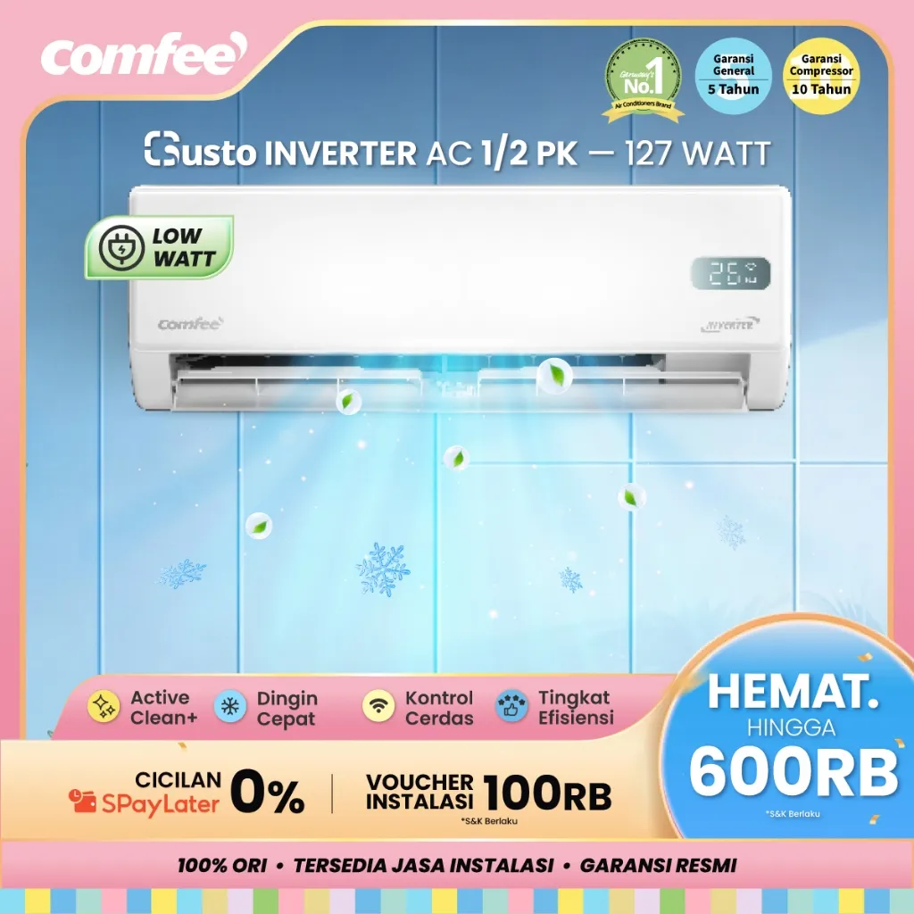 COMFEE GUSTO AC 1/2 PK INVERTER CFS-06VGP Low Watt [INDOOR + OUTDOOR ONLY] - 0.5 PK Baru [WIFI MODE] [ECO+AI MODE] [ANTI KOROSI] [MUDAH DIPASANG] [ACTIVE CLEAN+] [ [GRATIS ONGKIR]