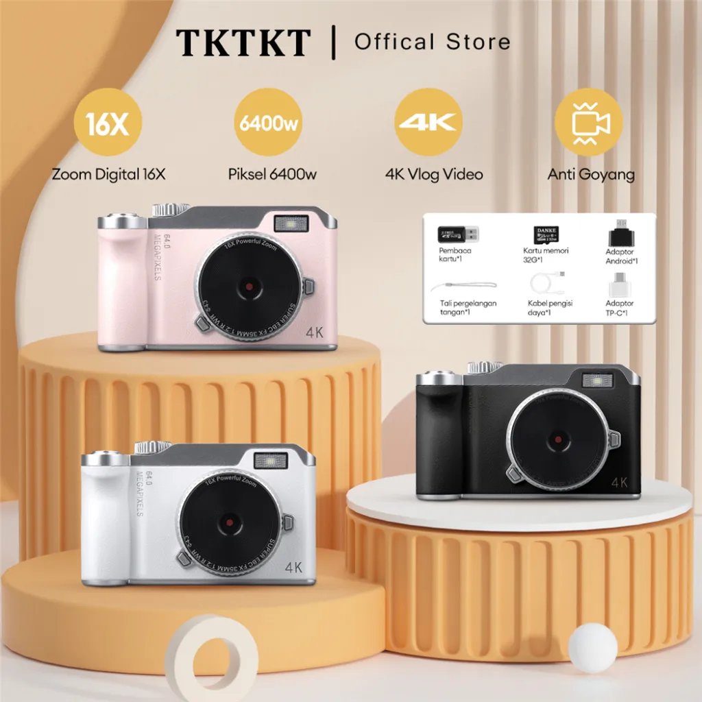 TKTKT digicam CCD 64MP 16X Zoom kamera mini 4k LED kamera digital vlog with Fungsi filter anti-goyang