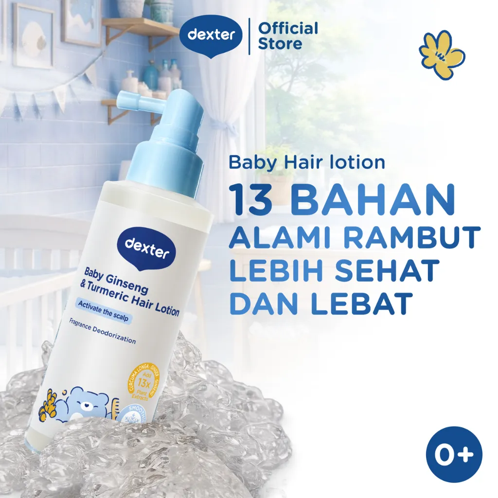 DEXTER Baby Ginseng & Turmeric Hair Lotion 100 g | Penumbuh Rambut Bayi | Menutrisi Akar Rambut Bayi dari Ekstrak Kunyit dan Ginseng | Cocok untuk Bayi Newborn dan Anak | Hypoallergenic Tested |