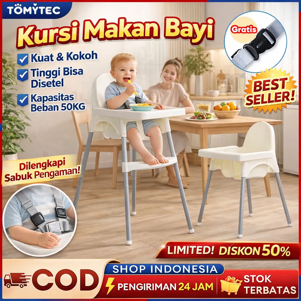 Kursi Makan Bayi High Chair Tinggi Bisa Diatur Nampan Bisa Dilepas Putih Baja Karbon Tebal Gratis Sabuk Pengaman Kursi Makan Anak Balita Mpasi Aman