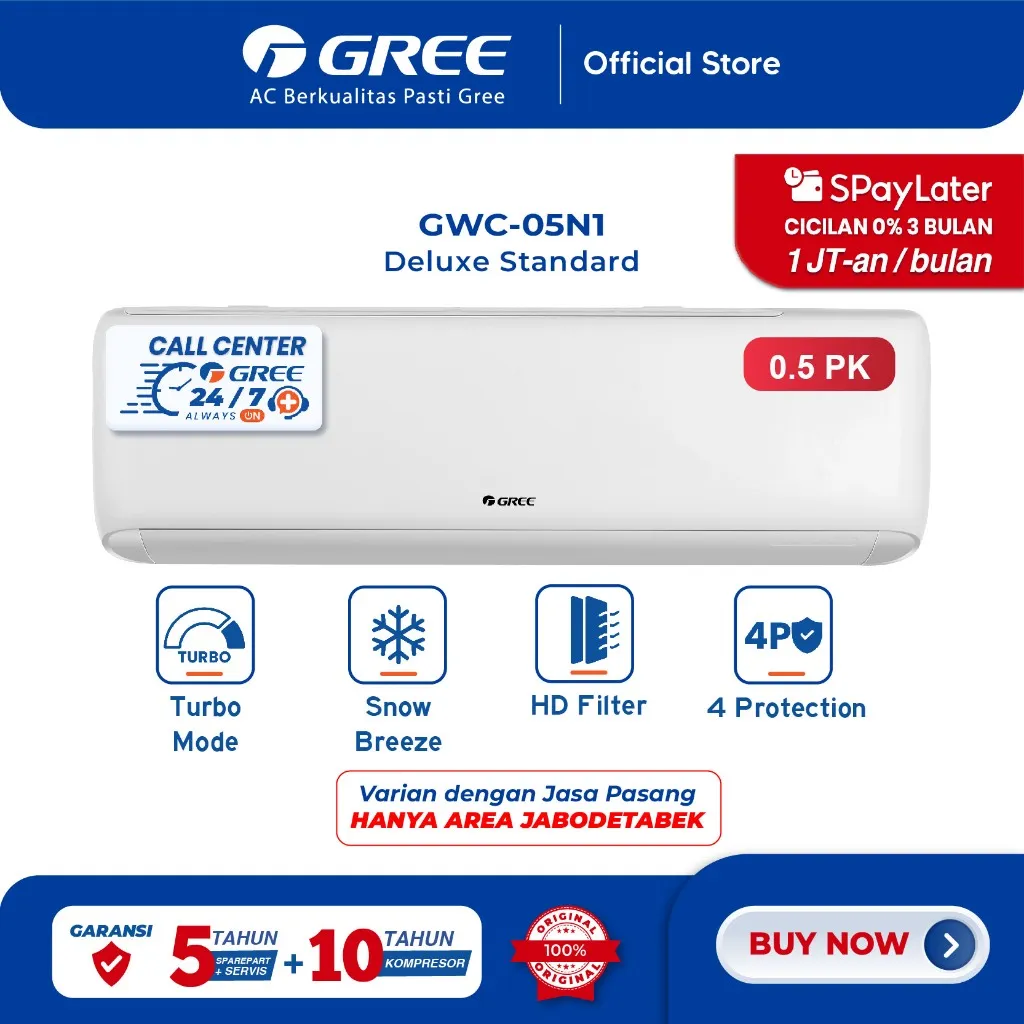 GREE AC DELUXE STANDARD N1A Series - 1/2PK - GWC-05N1A - KOMPRESSOR BLACK DIAMOND FIN - PUTIH (Indoor-Outdoor)