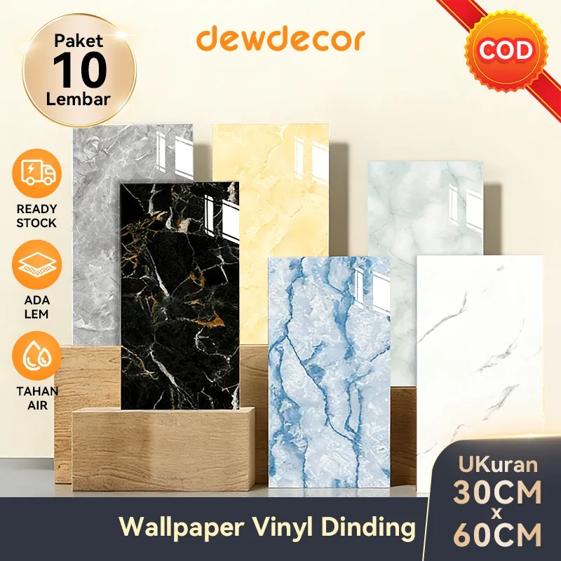 [60cm x 30cm] Dewdecor - PAKET 10 Lembar Wallpaper Dinding Vinyl Marble Premium PET Tebal 2,5 mm Aesthetic Marble Granit Stiker Kamar Tidur Ruang Tamu Kamar Mandi dapur Wallpaper Anti Air dan minyak Motif Marmer Wallpaper Dinding 3d Keramik Anak Dekorasi