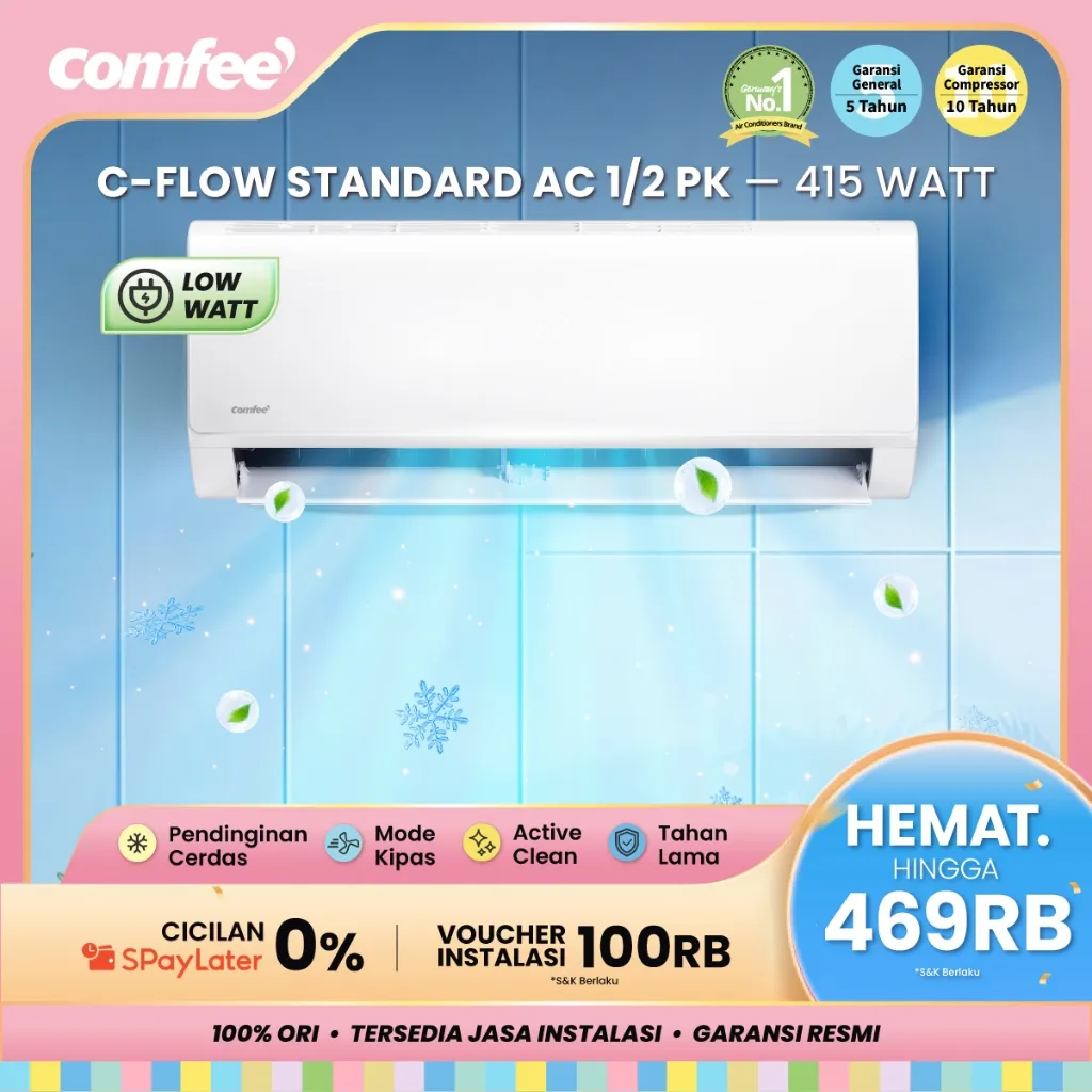 COMFEE C-FLOW AC 1/2 PK STANDARD CFS-05FST Low Watt [INDOOR + OUTDOOR ONLY] - 0.5 PK Baru [FAST COOLING] [SLEEP MODE] [ECO MODE] [ANTI KOROSI] [ACTIVE CLEAN] [GRATIS ONGKIR]