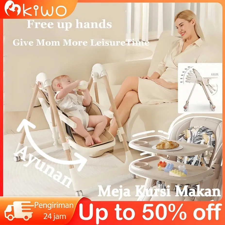 Kursi Makan Anak Kursi Makan Bayi Lipat Portable 6 in 1 Multifungsi: Baby High Chair, Booster Seat, Meja Makan Adjustable, dan Ayunan untuk Anak 0-6 Tahun