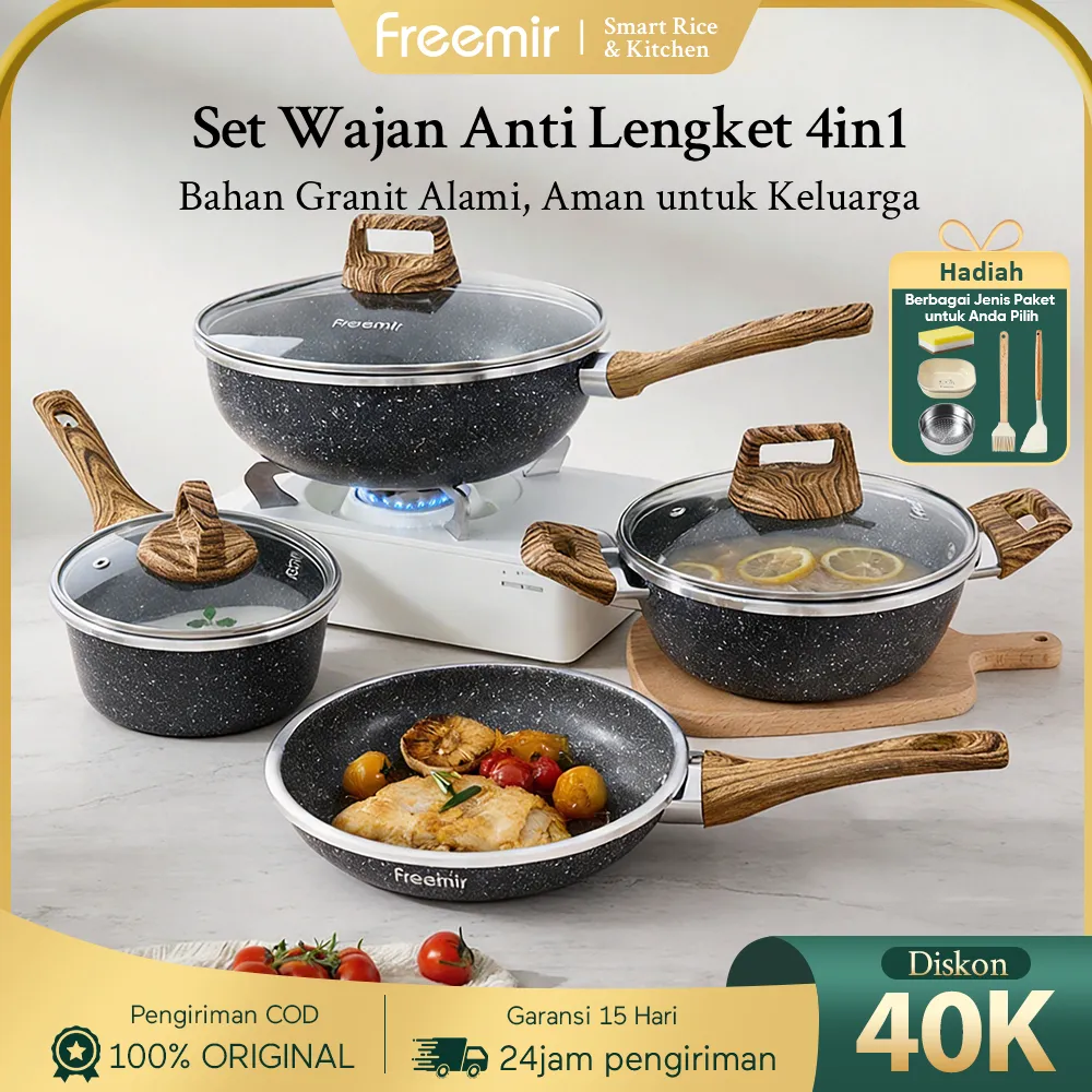 [HOT] freemir Paket Lengkap Wajan Panci Anti Lengket Set Sultan 4 Pcs Serbaguna Free Bonus-BounceTote Bag