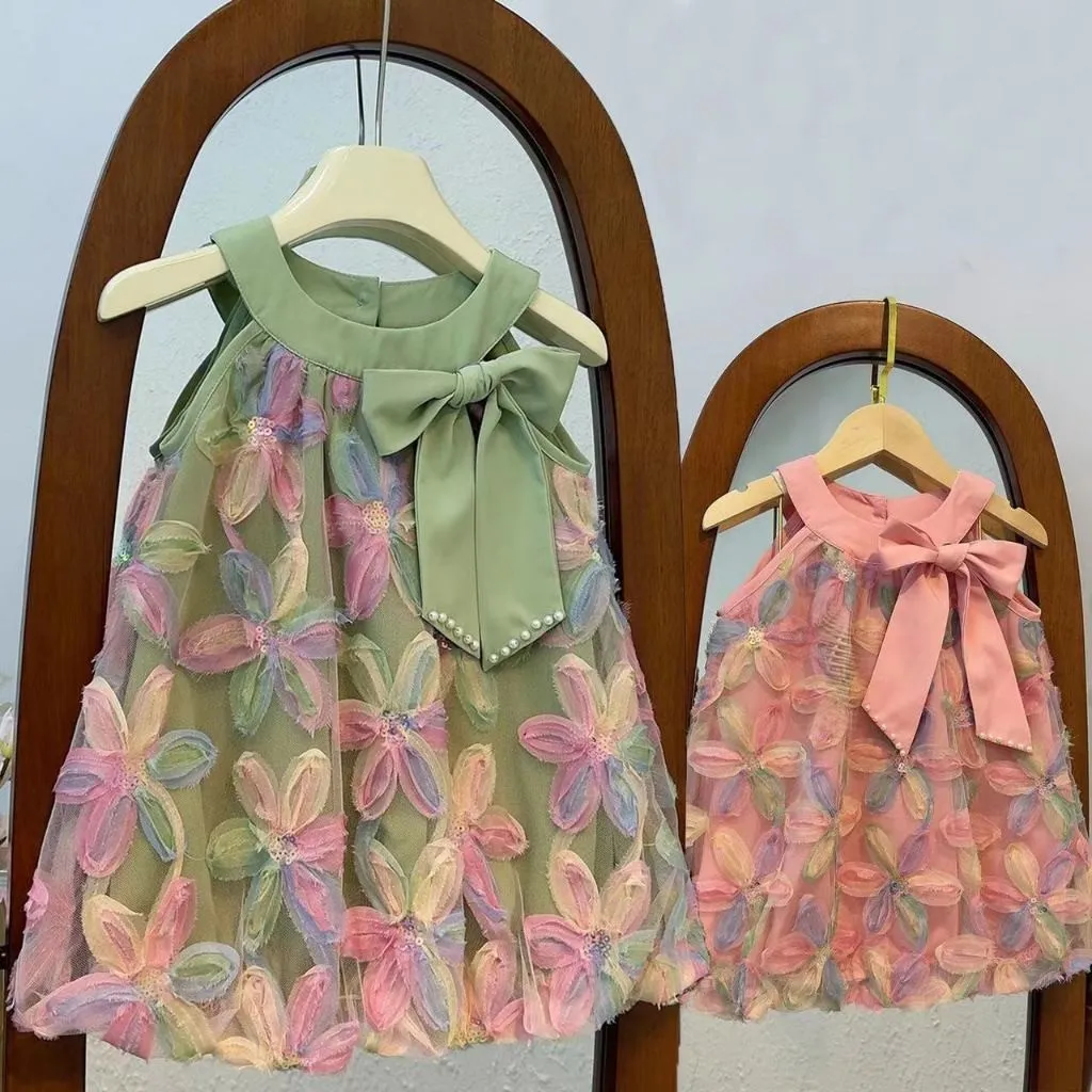 Luckyfankids - Setelan Anak Perempuan 1-7 Tahun Gaun Simpul Pita Dress Motif Bunga Timbul - BAP-31