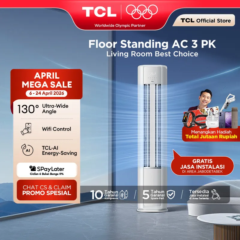 TCL AC AI Floor Standing 3 PK Cepat Dingin - 3D Air Flow - T-AI Energy Saving - Wifi - Cylinder Design - AC Standing Dingin - AC Ruang Tamu - Tersedia Jasa Instalasi (Model: TAC-24CFV/V7)