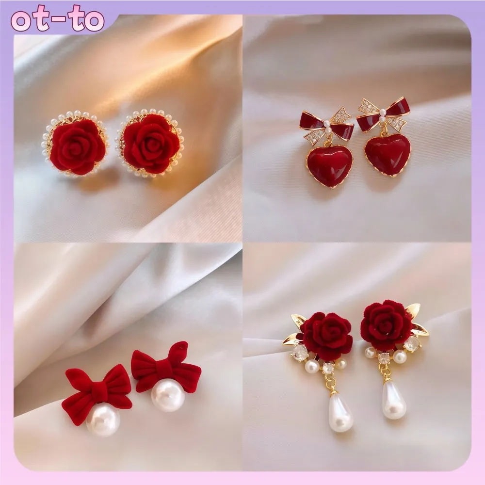 Anting berbentuk hati merah anggur mengkilap / Anting berbentuk mawar berbentuk tetesan air mata / Anting desain elegan dan mewah