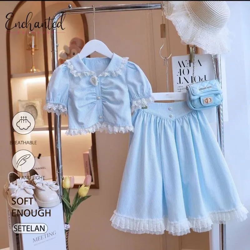 [ENCHANTED PRINCESS] Setelan bergaris biru muda kelas atas untuk anak perempuan, kombinasi renda bordir, desain mewah, cocok untuk usia 2-9 tahun