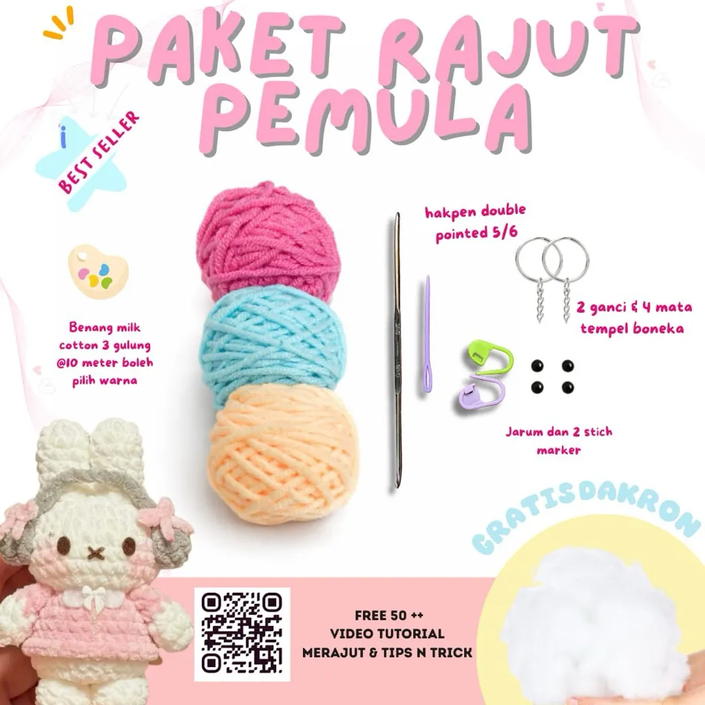 [TERMURAH] PAKET ALAT RAJUT/STARTER KIT RAJUT/DIY MERAJUT 14 IN 1 PEMULA FRIENDLY | LENGKAP PRAKTIS MURAH + BENANG MILK COTTON BEBAS PILIH WARNA | FREE DAKRON + MATA TEMPEL+ GANTUNGAN KUNCI
