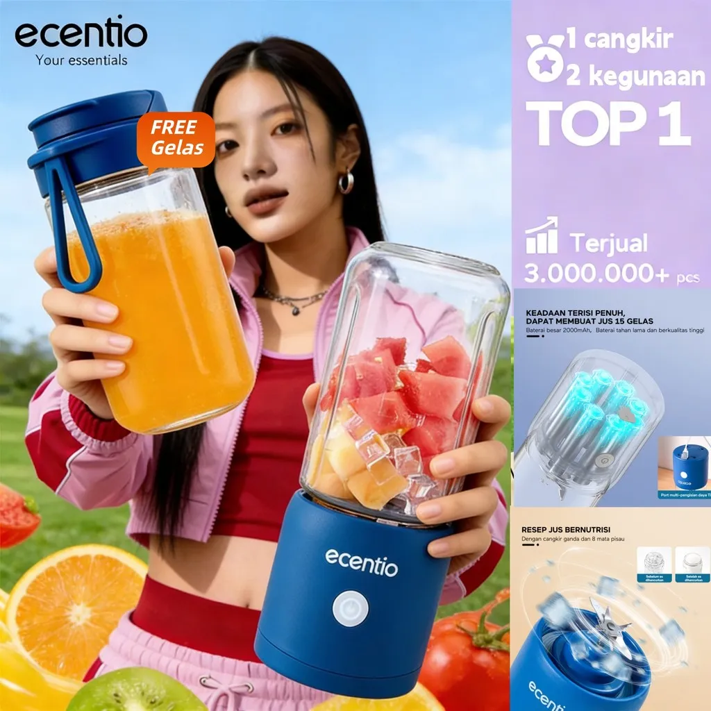 ecentio blender portable juicer portable 10 pisau kaca tebal, 2 cup 380ml+380ml dilengkapi sedotan, blender jus buah advance yang praktis untuk daily use, belender serbaguna anti bocor mudah dibawa