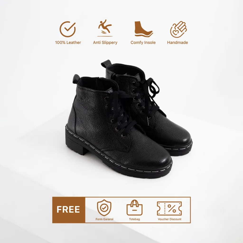 UMGHY Sepatu Boots Wanita Kulit Asli - ZytBlack - Heels 5cm