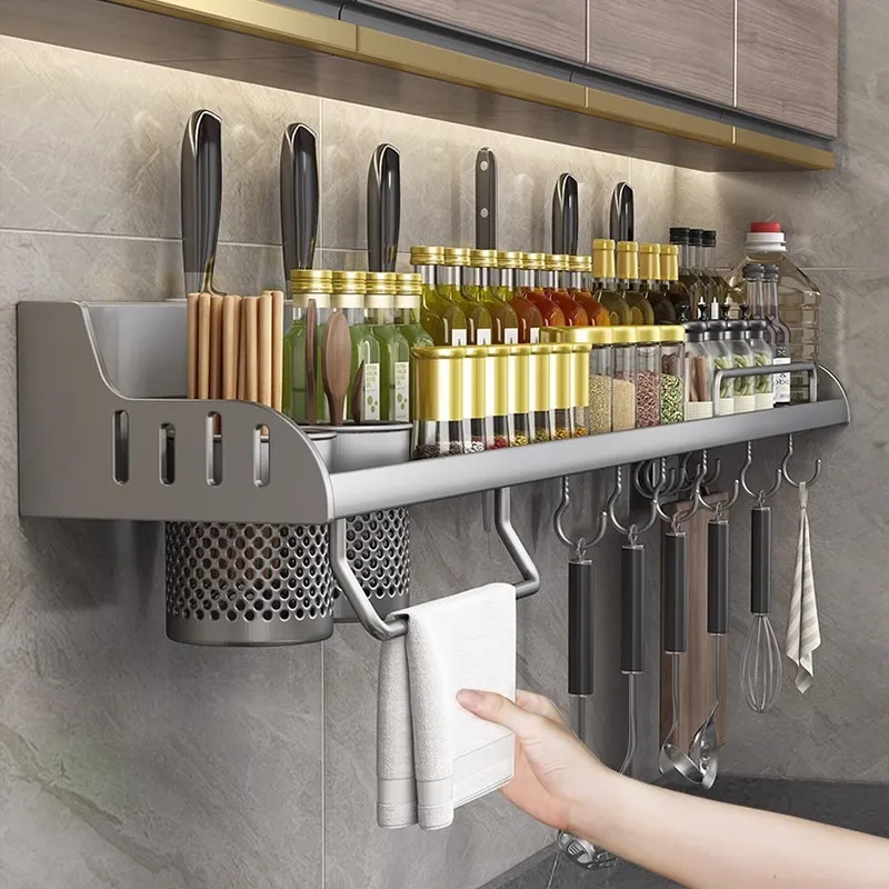 Rak Bumbu Dapur Dinding Kitchen Rack Tempat Pisau Rak Gantung Rak Dapur Rak Sendok Garpu Aluminium Dengan Cat Coating Anti Panas Dan Anti Karat Bisa Dicuci