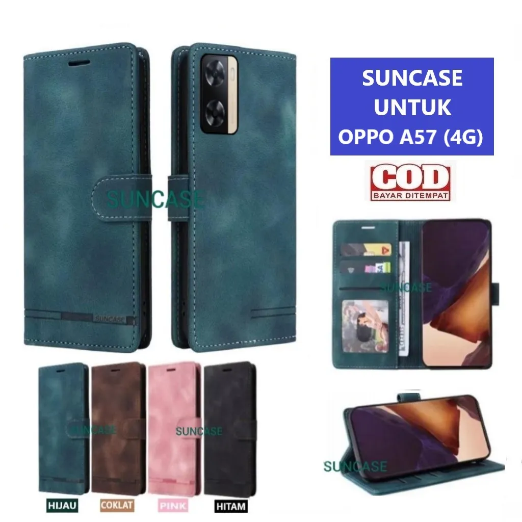 Casing OPPO A57 (4G) 2022 model flip buka tutup case kulit ada tempat foto dan kartu juga tali hp flip cover
