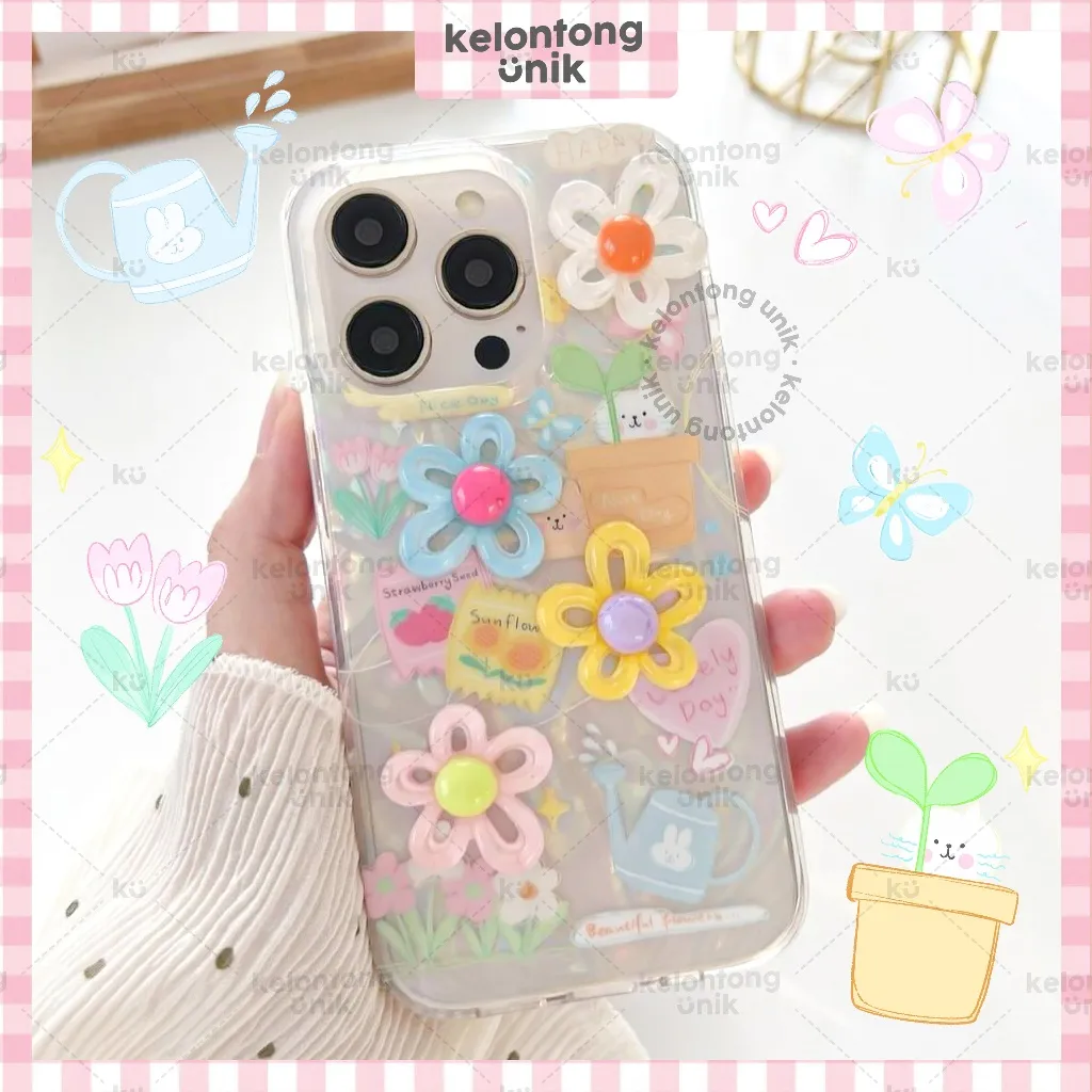 KELONTONG UNIK | POPPY 3D Cat Flower Holographic Case - Hardcase/ Casing HP for iPhone 11 12 13 14 15 16 17 PRO PROMAX ,CIHY