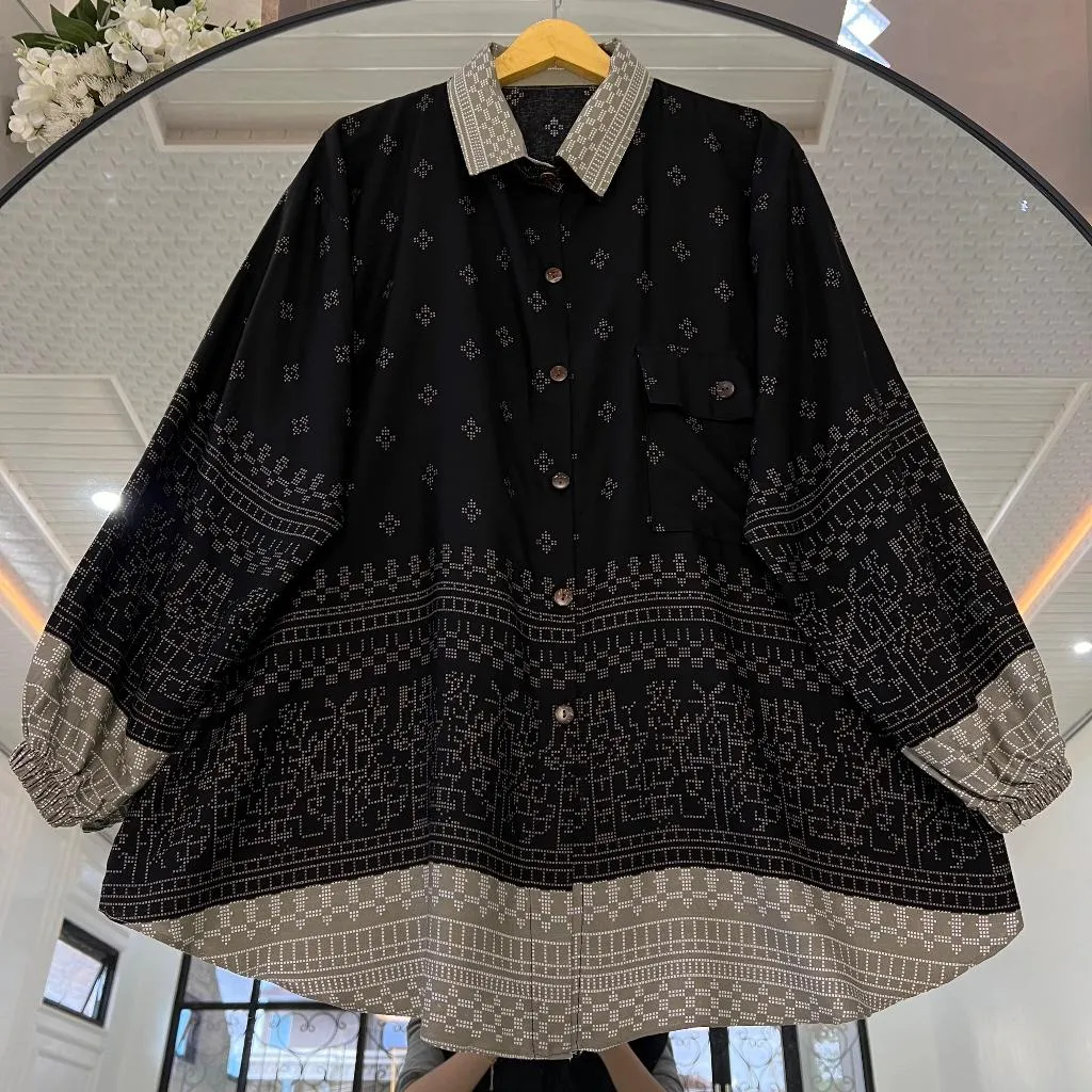 Atasan Kemeja LD 140cm Wanita Oversize Jumbo Plus Size Bahan Rayon Motif Kekinian