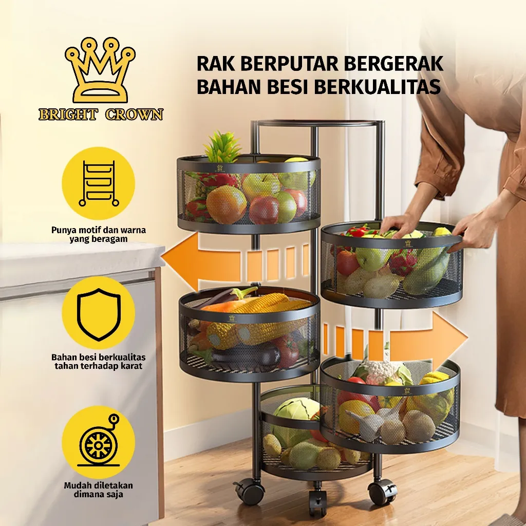 Bright Crown Rak Susun Besi Dapur Serbaguna Tingkat Model Bulat / Rak Troli Susun Putar Bahan Tebal
