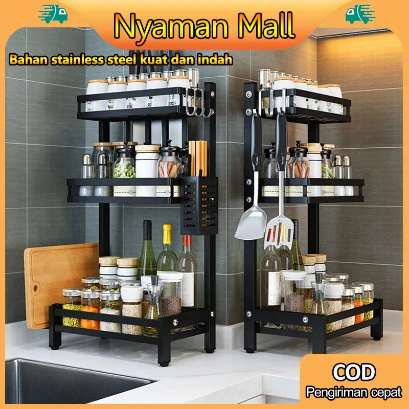 (COD) Rak Bumbu Dapur Stainless Steel Rak Penyimpanan Dapur Rak Bumbu Rak Dapur Stainless 3 Susun 2 Susun 3 Tingkat