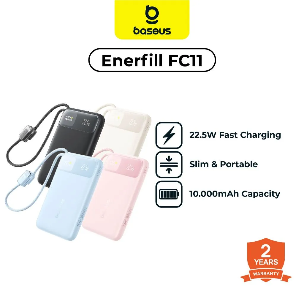 Baseus EnerFill FC11 10000mAh 22.5W Fast Charging PowerBank with Digital Display with Built-in Type-C + Lightning Cables