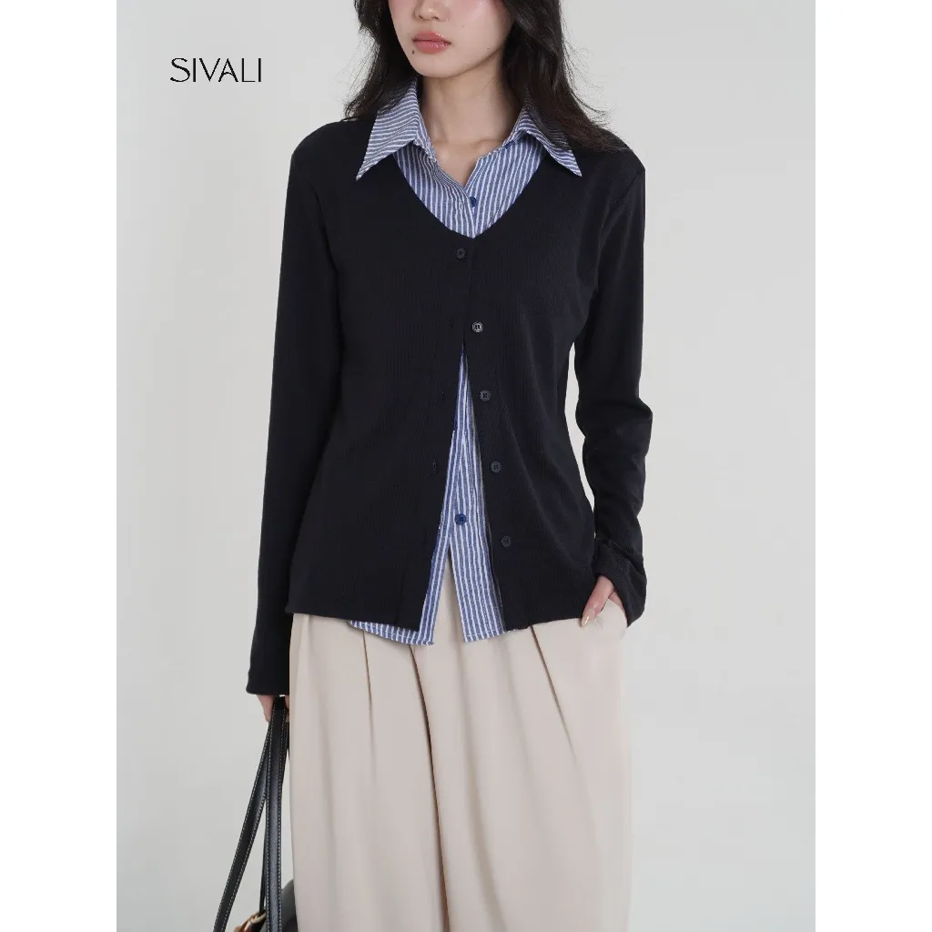 SIVALI Cooper Knit Combi Top - Stripe Layer Shirt - Atasan Wanita Kemeja Lengan Panjang Pendek | 084