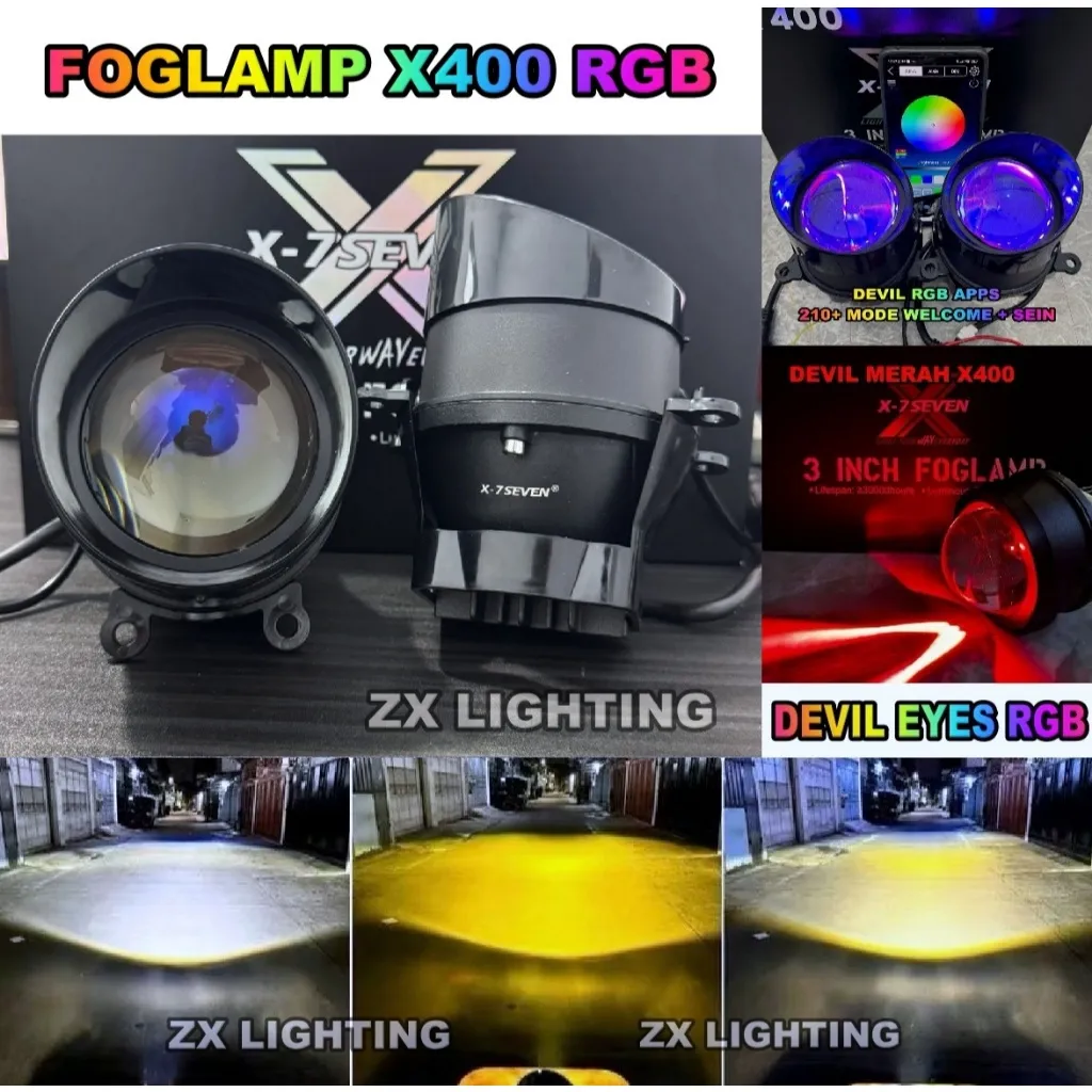 Foglamp x400 X-7seven 3 Warna Sepasang Bluelens Plus Brecket Toyota Honda Universal Cnc Sepasang
