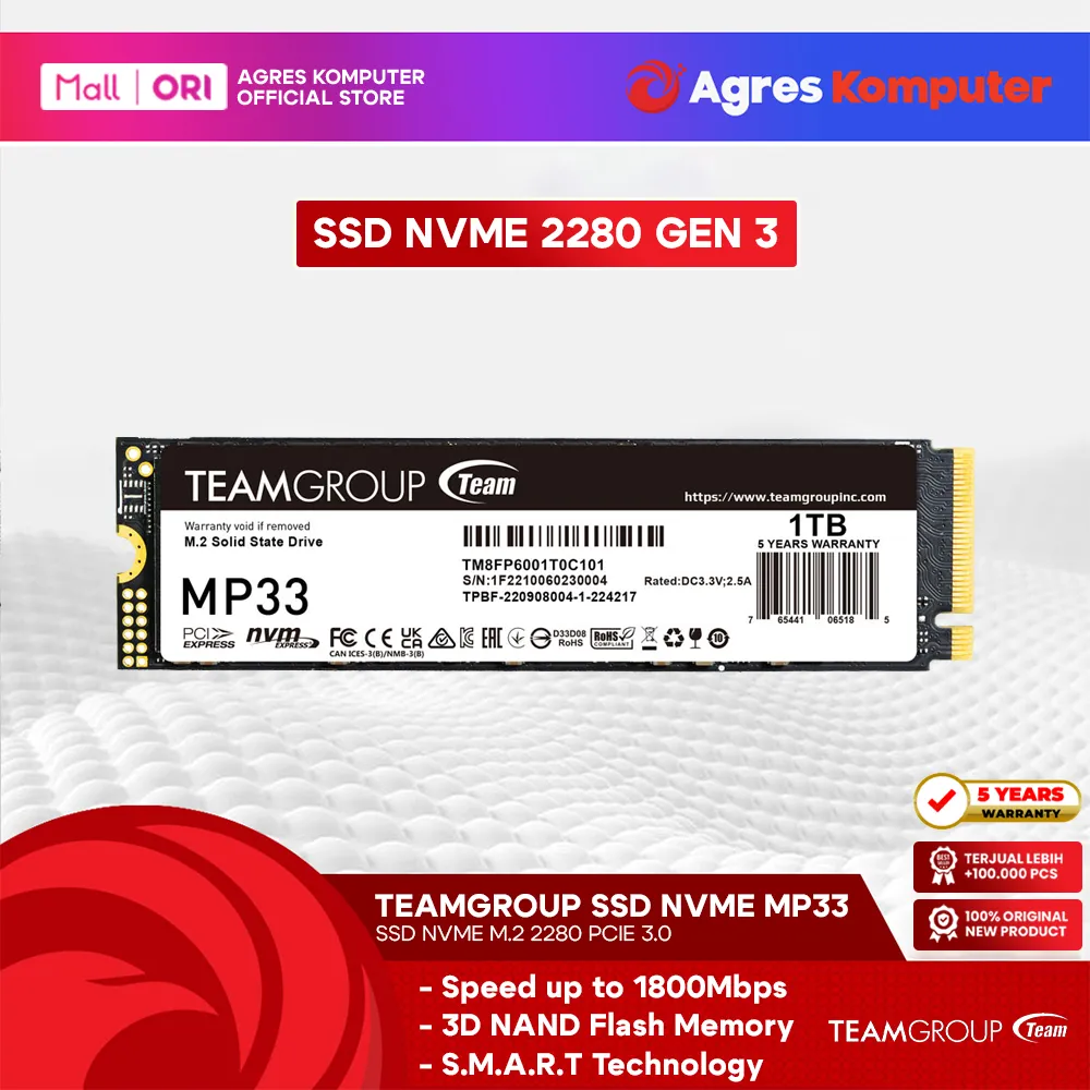 TEAM SSD NVME GEN3 MP33 256GB 512GB 1TB PCIE 3.0 M.2 2280 5Y - UP TO 1800 MB/S