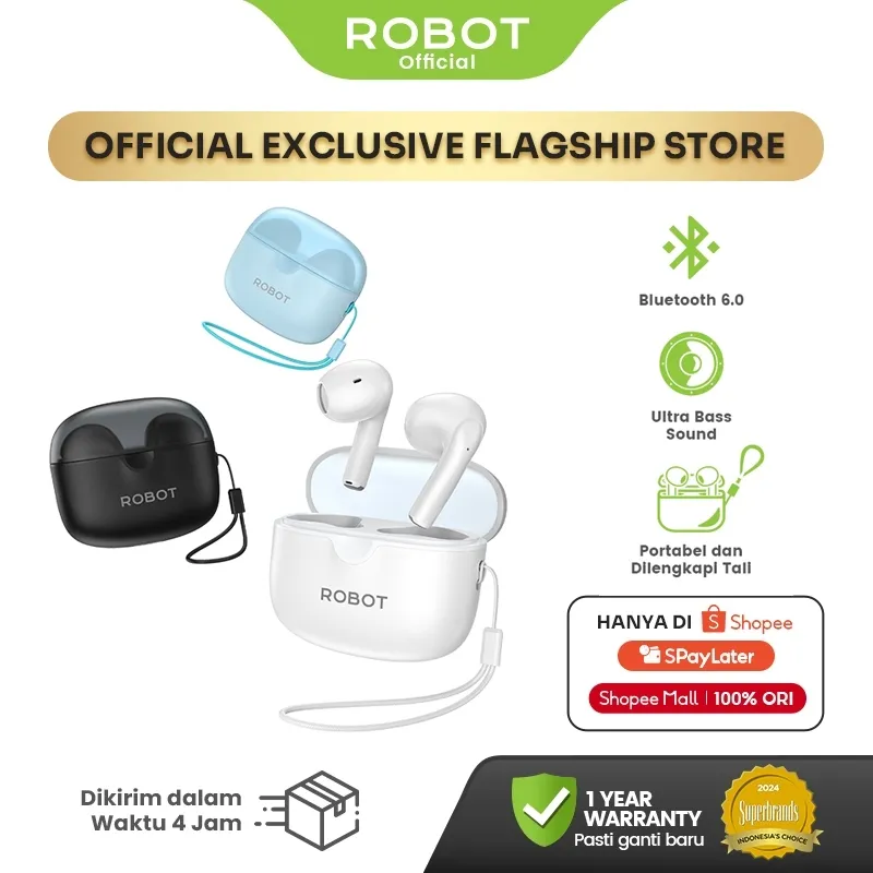 ROBOT TWS Wireless Earphone Bluetooth 6.0 Earphone Wireless Casing Transparan Ultra Bass  Enco Buds 3 Original - Garansi 1 Tahun