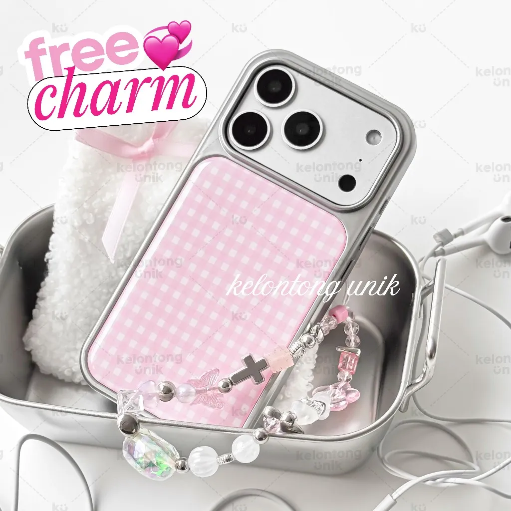KELONTONG UNIK | AMARA Blushy Gingham Silver List Pink Case - Hardcase/ Casing HP for iPhone 11 12 13 14 15 16 17 PRO PROMAX PLUS, CIVA