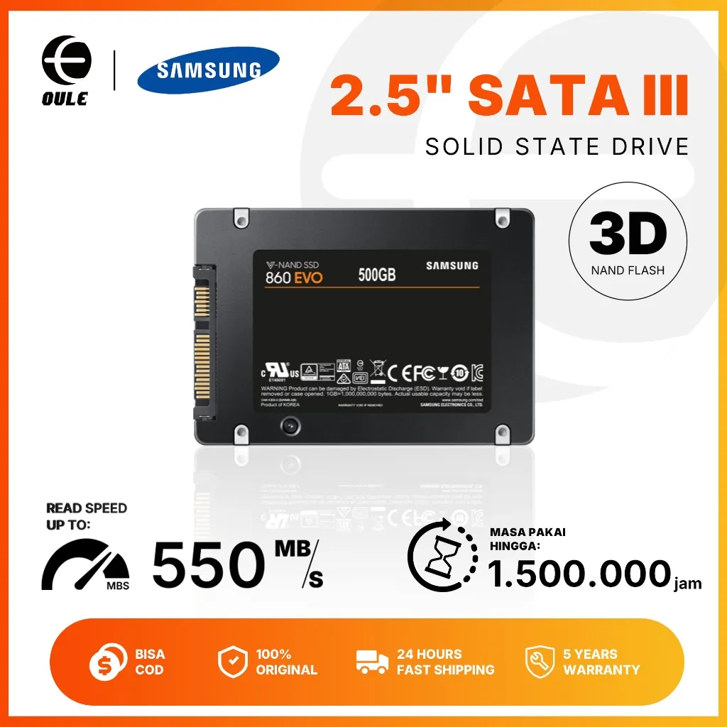 Samsung 860 EVO 500GB SSD SATA III 2.5" 6GB/S 5 Garansi Resmi Penyimpanan berkapasitas besar cocok untuk pekerjaan kantor sehari-hari.