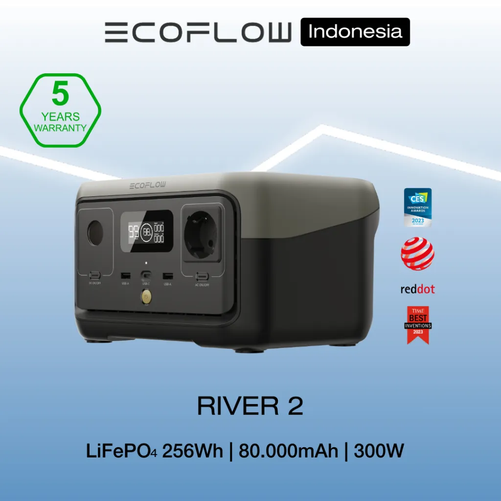 EcoFlow RIVER 2 Portable Power Station | Kapasitas 256Wh Output 300W | Genset Solar Panel PLTS, Solusi untuk Outdoor, Gangguan Listrik, Keadaan Darurat, Baterai Backup Rumah