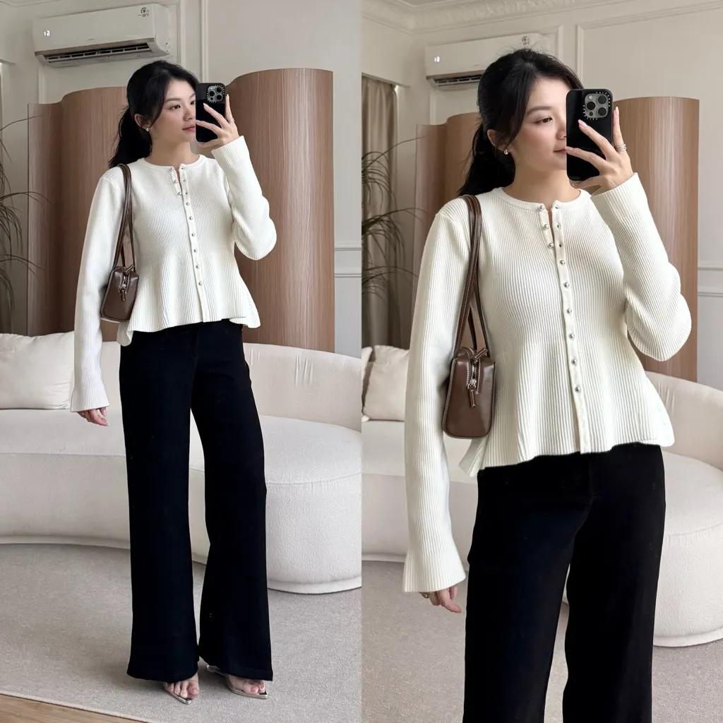 WITH EASE - Paige Cardigan Knit Top | Atasan Rajut Wanita | Women Cardigan Peplum Top | Hourglass Fitted Slimfit Top