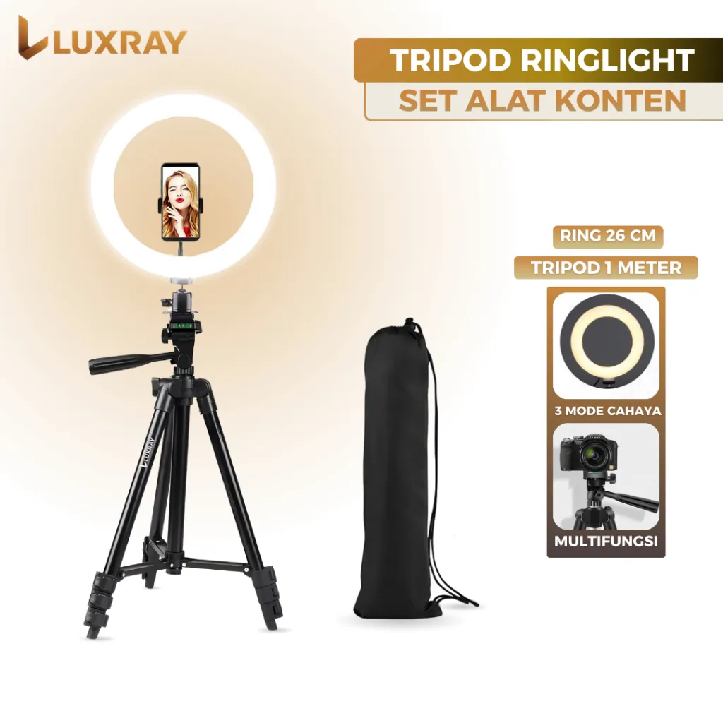 PAKET Ring Light 26cm + Tripod 1 Meter Lampu Make Up Lighting Konten Live Streaming Holder Universal