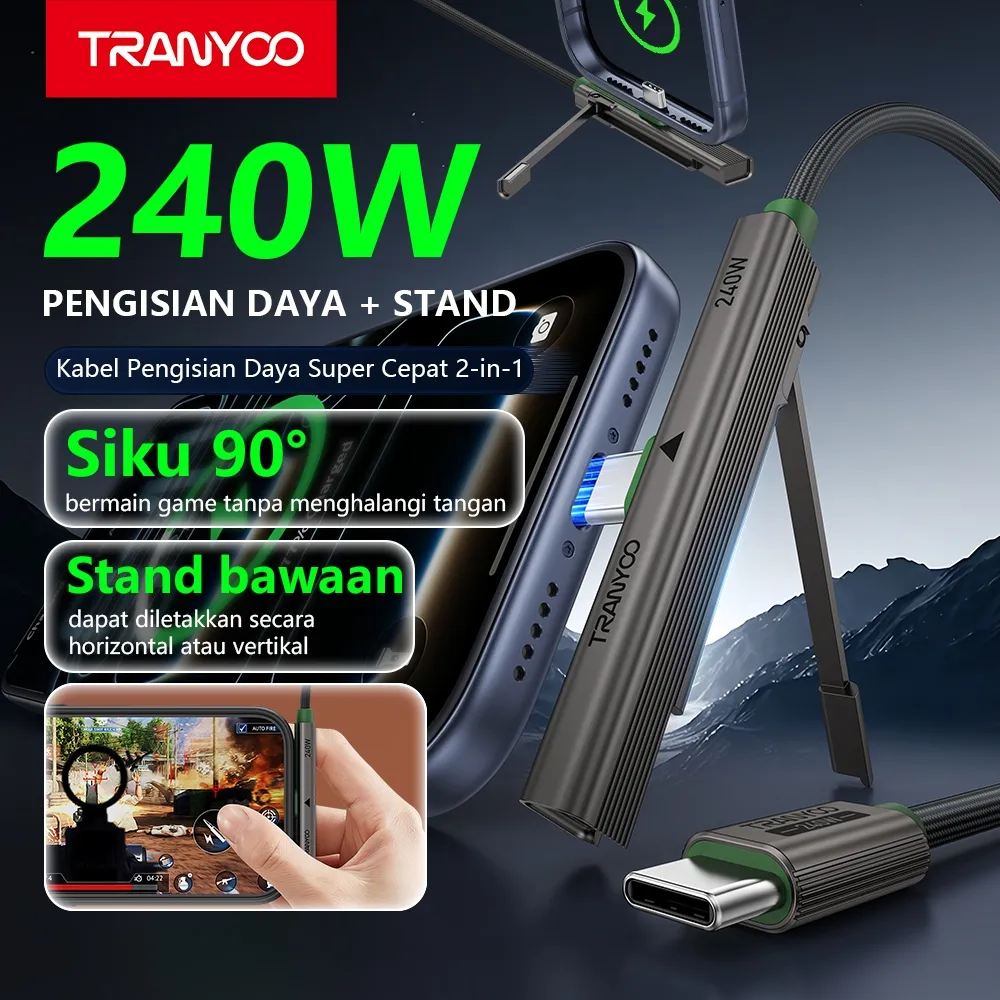 TRANYOO CC-10 Kabel 240W 2in1 Stand, 90°, Type-C/Lightning, iPhone Android, Gaming Mobil