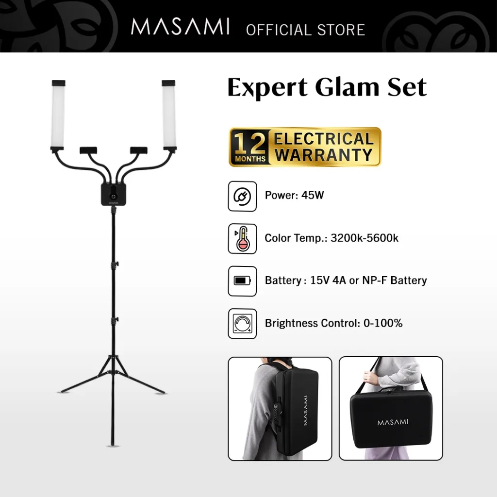 Masami Expert Glam Light Set / Paket Komplit Lampu Ringlight + Tripod + Tas + Charger Baterai Lampu Ring Light Stand Lampu Rias MUA Setup Professional / BUNDLE Lampu + Pro Onyx Anti Pecah / Bundle Cermin