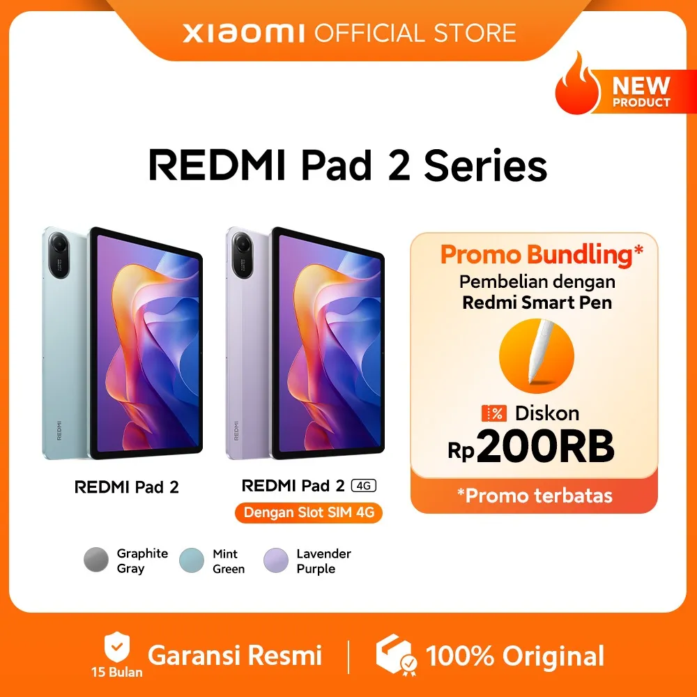 Xiaomi Redmi Pad 2 Series | Redmi Pad 2 4G (6/128G) SIM Card | Redmi Pad 2 (4/128G) Wi-Fi Only | 11" 2.5K Layar Super-jernih | Baterai jumbo 9000mAh (typ) | Helio G100-Ultra | 4 Speaker didukung Dolby Atmos® [Xiaomi Official Store]