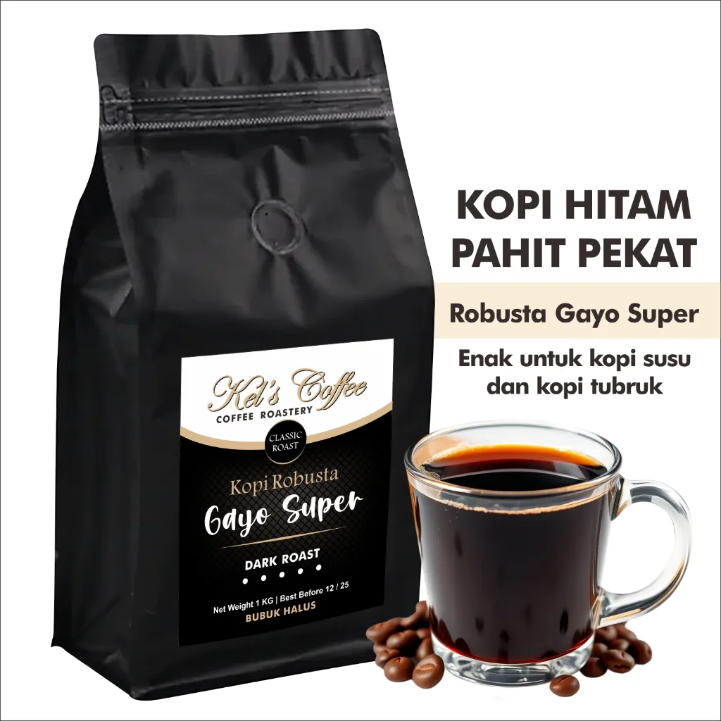 KELSCOFFEE Kopi Robusta Gayo Super 1 KG Fresh Roasted | Kopi Hitam Bubuk