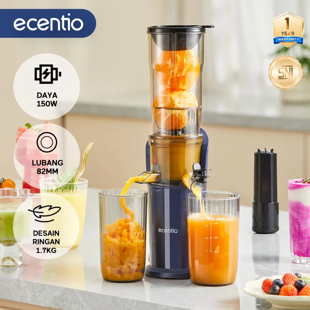 ecentio Slow Juicer Low Watt Juicer Buah Tanpa Ampas 82mm Easy Juice Filter-Free Low Watt Easy Clean Tanpa Potong Buah Multifungsi Juicer Food Grade Aman Untuk MPASI 1 Tahun Garansi
