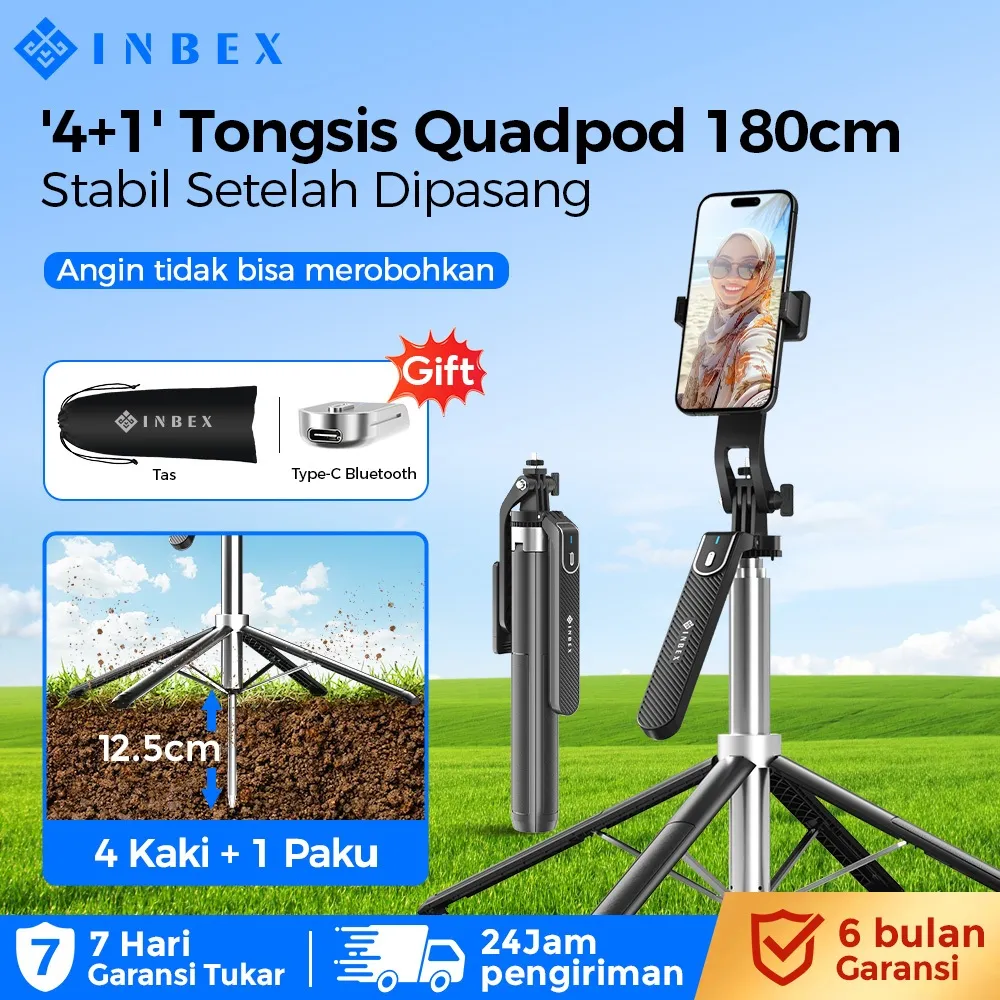 INBEX IB180 '4+1' Tongsis Tripod Bluetooth Quadpod 1.8m tripod konten kreator handphone portable Fill light Selfie Stick Bluetooth Tongsis
