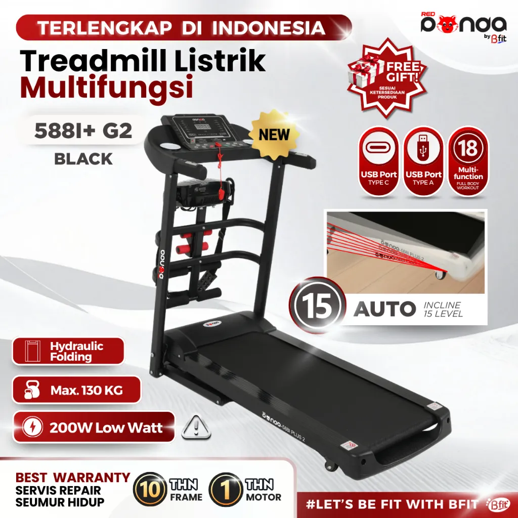 Treadmill Elektrik REDPANDA 588I Auto Incline Multifungsi Listrik Low Watt Fitness Gym