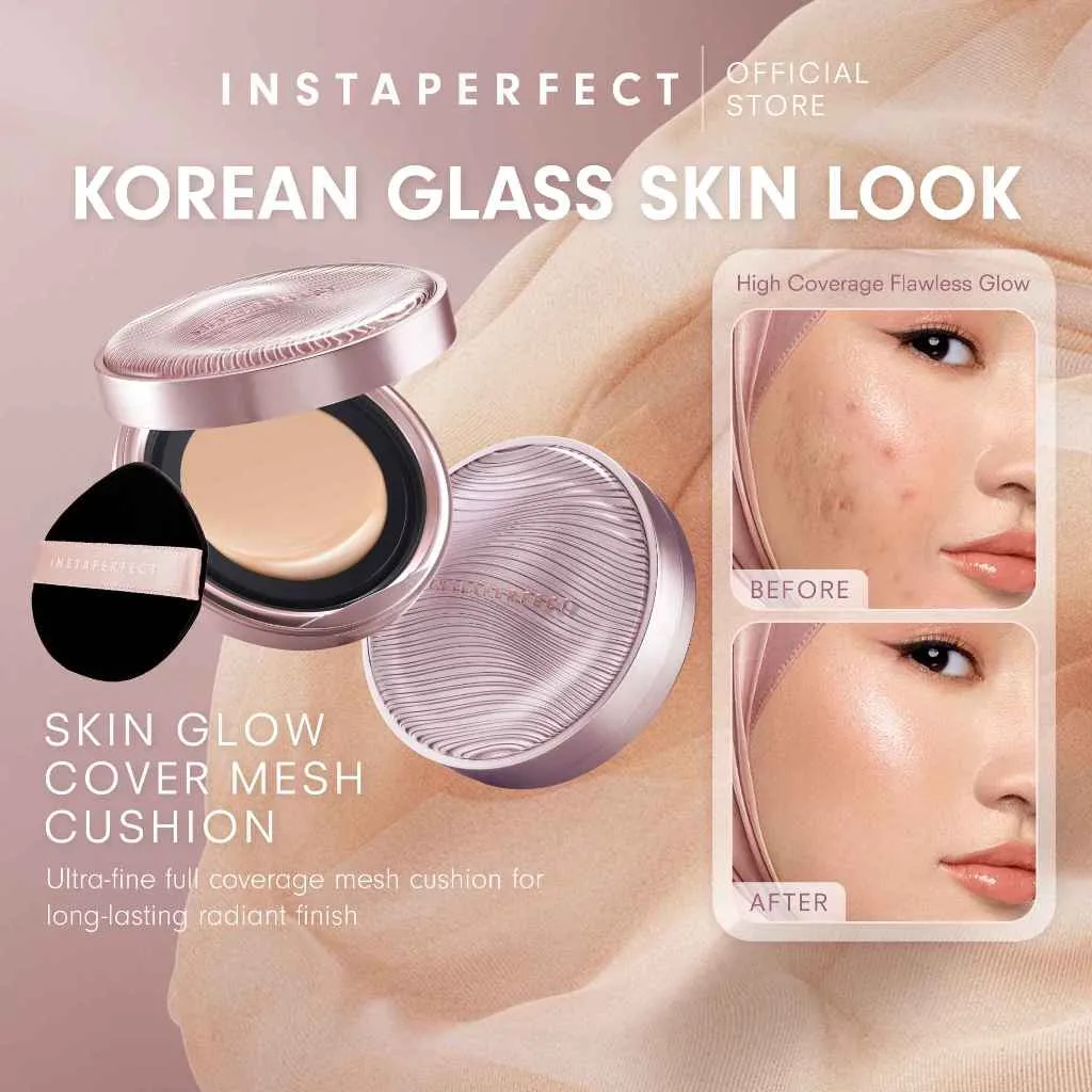 Instaperfect Skin Glow Cover Mesh Cushion High Coverage Formula Dilengkapi dengan SPF 50+ / PA++++  Tampilan Glow Up Natural- Korean Glass Skin Make Up- Melindungi Kulit dari Sinar UVA dan UVB