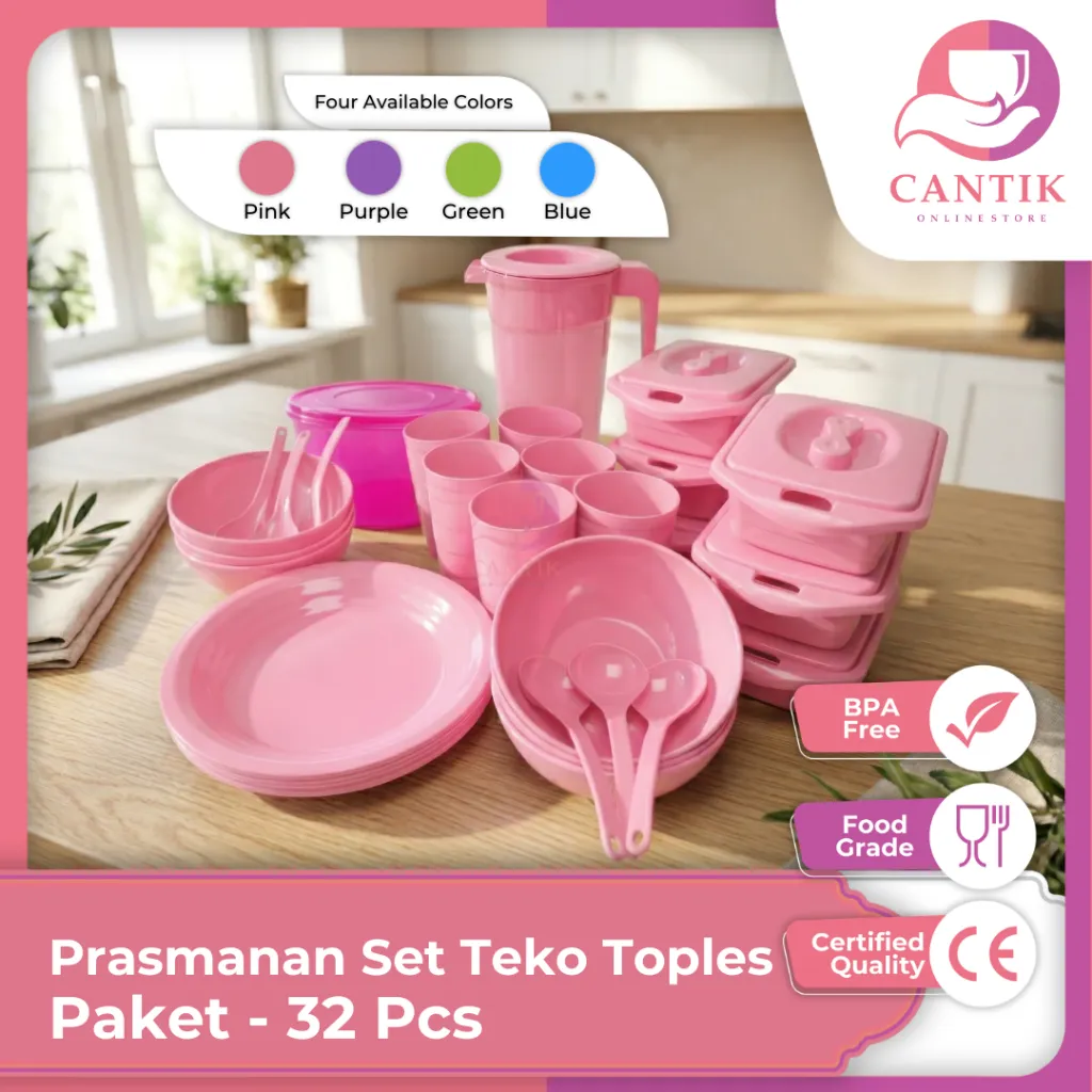 Paket Set Prasmanan Lengkap isi 32 pcs (6 Basi Mini + 6 Piring Makan+ 6 Mangkok Sedang+ 6 Gelas Ulir + 1 Teko Kulkas+ 1 Toples Bulat ) Bonus Centong Sayur Peralatan Makan Segi Warna Pink