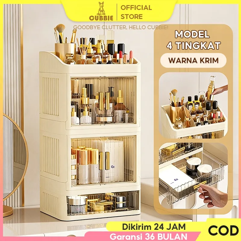 Cubbie Rak Meja Kosmetik Premium 4 Tingkat | Rak Serbaguna Kapasitas Besar Jumbo | Pintu Sliding Anti Debu Transparan | Organizer Make Up Anti Debu |  Rak kosmetik