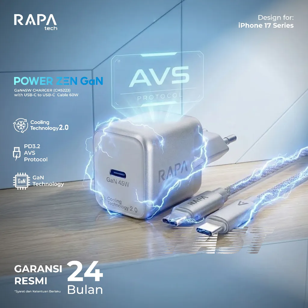 [ Charger iPhone 17] RAPAtech Power Zen GaN 45W  With AVS Technology Charger iPhone 17 Series with C to C Nylon Cable Ice Cooling 2.0 Technology