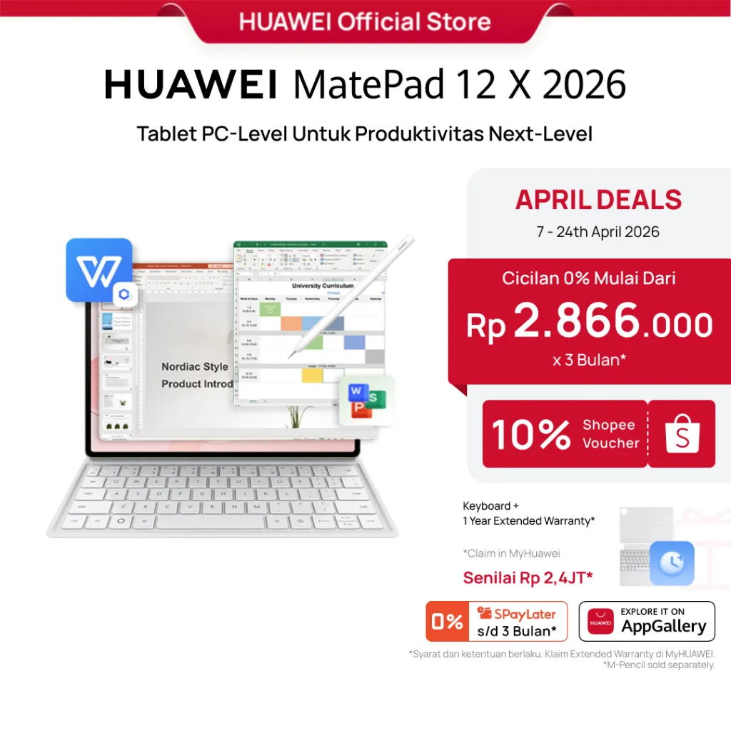 HUAWEI MatePad 12 X 2026 Tablet l PC-Level WPS 3.0 l Layar PaperMatte Ultra Jernih l Support M-Pencil Pro
