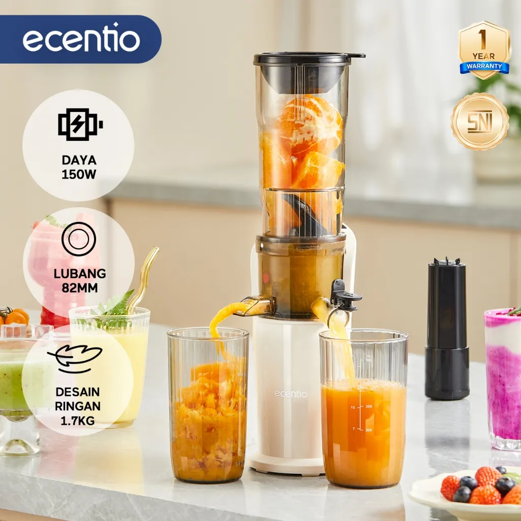 ecentio Slow Juicer Low Watt Cold Press Easy Juice Filter-Free Easy Clean 82mm Extra Big Mouth 150W Low Watt Tanpa Potong Buah Multifungsi Juicer Food Grade Aman Untuk MPASI 1 Tahun Garansi