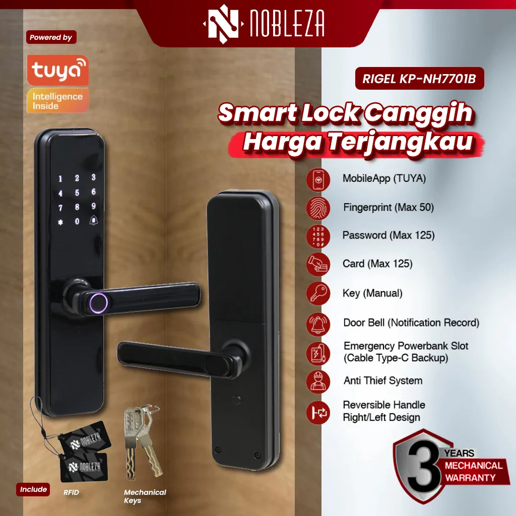 Smartlock Nobleza Digital Door Lock Fingerprint Kunci Pintu Pintar Tuya App WiFi Bluetooth Type-C RIGEL HILDA TANSY Black