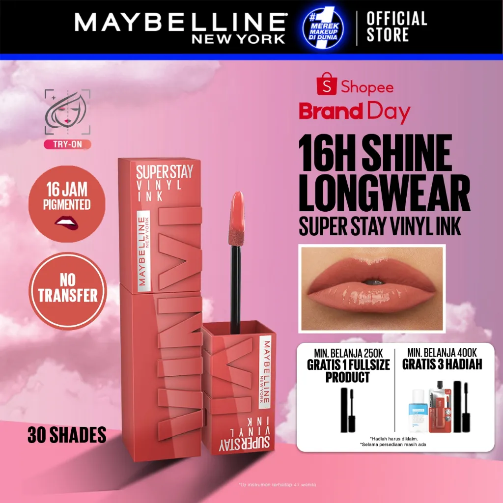 MAYBELLINE OFFICIAL Superstay Vinyl Ink 4.2 ml - Shiny Pigmented Liquid Lipstik Lipstick Make Up Lipcream Longlasting Waterproof Tahan Lama 16 Jam Lipstik Lipgloss Lipbalm Liptint