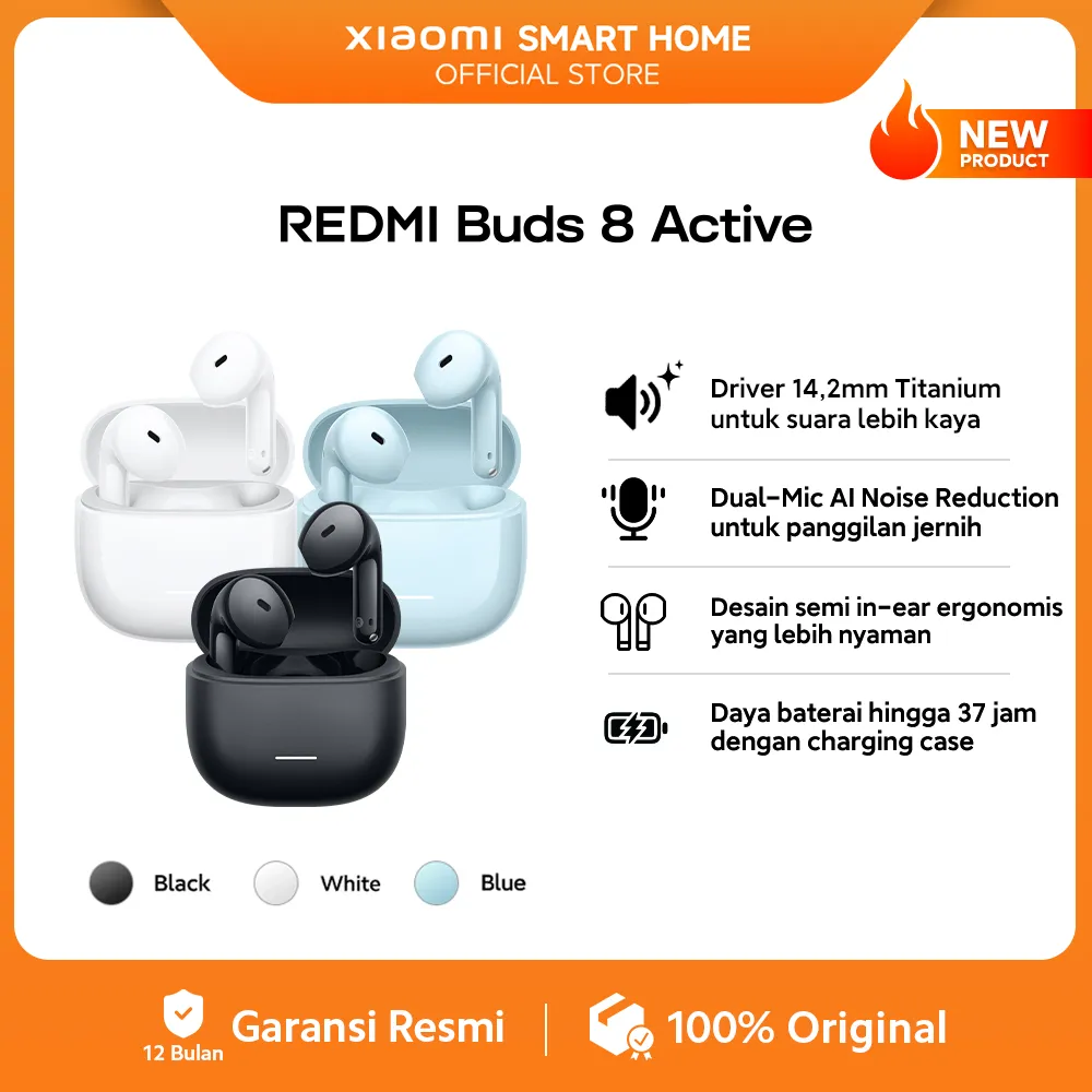 Xiaomi Redmi Buds 8 Active | Driver 14,2mm Titanium | Dual-Mic AI Noise Reduction | Desain semi in-ear ergonomis | Baterai hingga 37 jam charging case | TWS Earphone Bluetooth [Xiaomi Official Store]