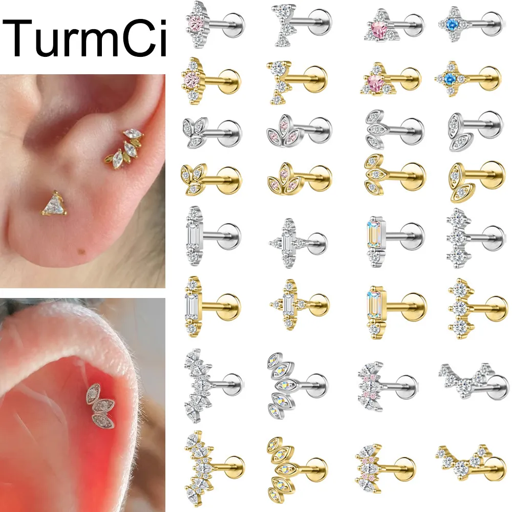 TurmCi 1 Buah 16G Anting Tindik Stainless Steel Stud Earrings Crystal Helix Conch Cartilage Piercing Earrings 8mm