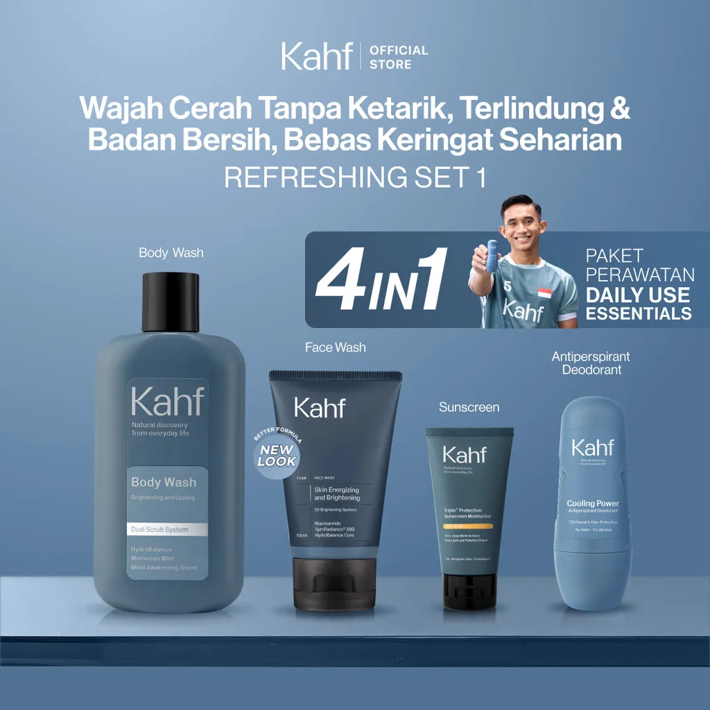 [GET SPECIAL BOX FOR GIFT] KAHF PAKET PERAWATAN DAILY USE ESSENTIALS BUNDLE 4IN1 PERSONAL CARE SET - Face Wash, Sunscreen Moisturizer, Body Wash, Deodorant - Wajah Cerah Tanpa Ketarik & Badan Wangi + Bersih Seharian
